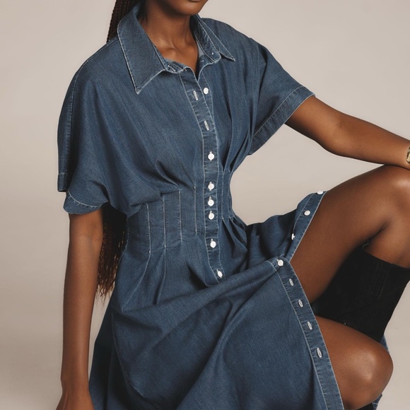 The Tobie Button-Front Pleated Shirt Dress by Exquise: Denim Edition Medium - - Picture 1 of 12